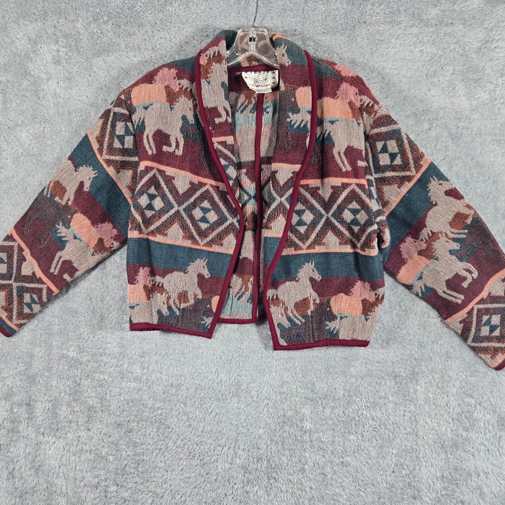 Crazy Cowgirl Tapestry Jacket Womens Large Horse Southwestern Cotton Open Front